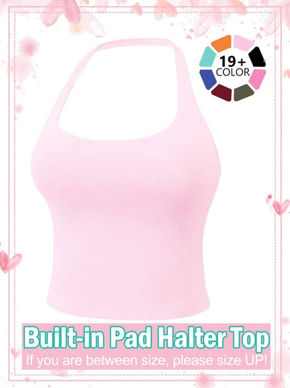 Women'S Solid Removable Chest Pad Sports Tank Top, Casual Comfort and Durability Halter Neck Sports Top for Yoga Gym Workout, Ladies Sportswear for All Seasons, Pilates Yoga Wear